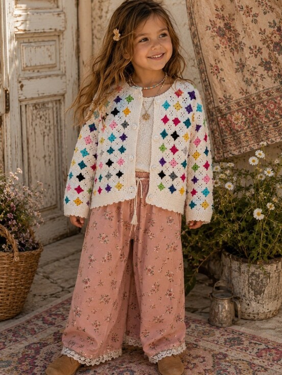 Handmade Other - Vintage Handmade Crochet Granny Square Cardigan Kids Girls 4T  Owl Buttons Boho